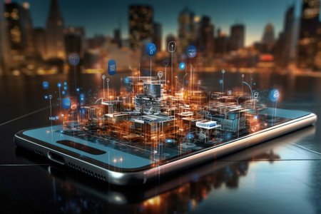 A cell phone with an image of a city on it. Big city communications concept.の素材