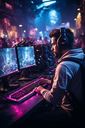 A professional gamer wearing headphones and using a computer. Electronic game competitions. Hall with computers.の素材