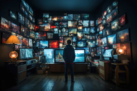 A man standing in a room filled with lots of monitors.の素材
