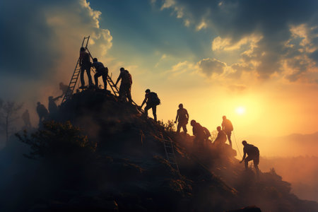 A group of people standing on top of a mountain. People helping each other.の素材