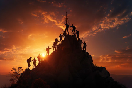 A group of people standing on top of a mountain. People helping each other.の素材
