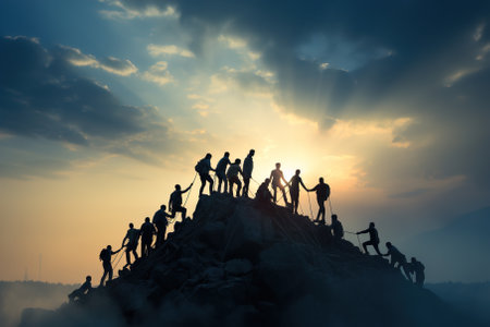 A group of people standing on top of a mountain. People helping each other.の素材
