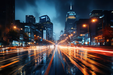 Big city street filled with lots of traffic at night. Trails of car lights blurred.