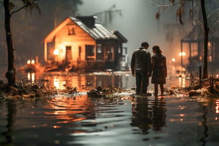 Two people sitting in the water near flooded house. Water disaster.の素材