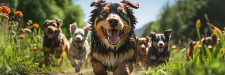 A couple of dogs running across a field. Flowers meadow.の素材