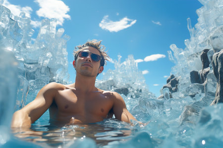 A man sitting in the water with icebergs in the background. Global warming, people bathe between icebergs.の素材