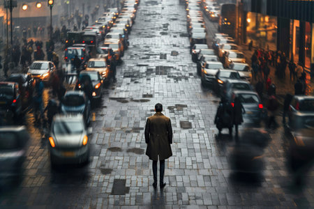 A man walking down a street filled with lots of traffic.の素材