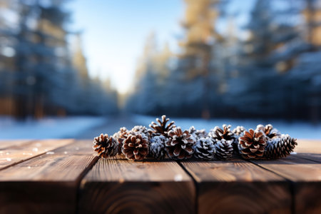A wooden table boards and blurred defocused snow covered trees in the background.の素材