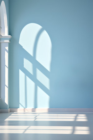 Minimalist background with blue room interior, shadows on the walls.の素材
