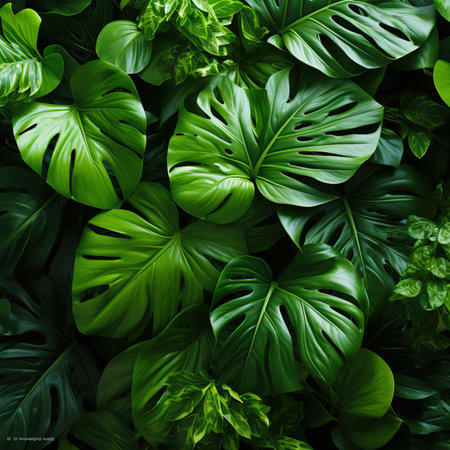 A close up of a green tropical leaves background.の素材