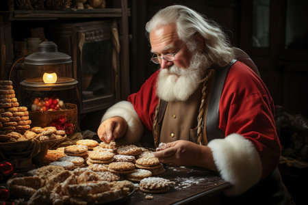 Photo of Santa Claus enjoying a plate of freshly baked cookies at Christmasの素材