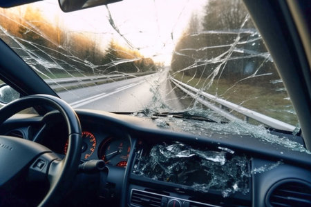 Car crash. Incident. Transparent Windshield Reveals Wet Vehicle Interior and Dashboard Controls. Broken window.の素材