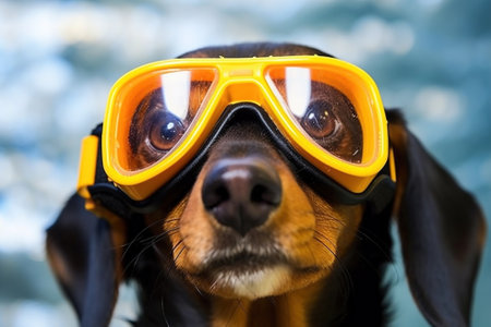Joyful dog with goggles and scuba mask swimming underwater in a pool.の素材
