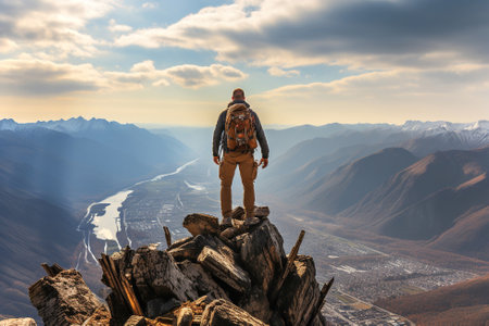 Summit Success: Standing on a Mountain Peak. Cityscapeの素材