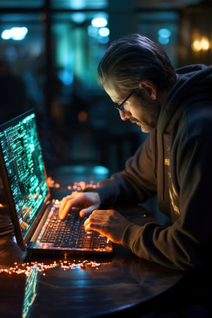 A man is programming on a computerの素材