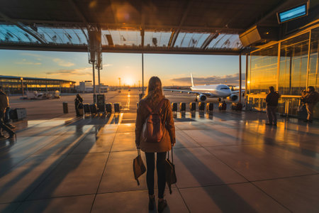 A woman with a backpack walking towards an airport. Backside view. Planes on the background.の素材