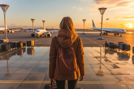 A woman with a backpack on airport. Backside view. Planes on the backgroundの素材