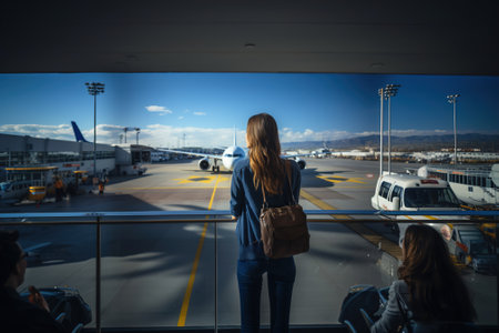 A woman with a backpack walking towards an airport. Backside view. Planes on the background.の素材