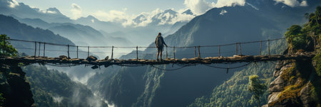 Two people standing on a suspension bridge in the mountains.の素材