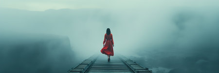 Two people standing on a suspension bridge in the mountains.の素材