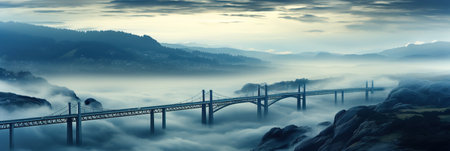 Big long bridge in mountains in fog and clouds.の素材