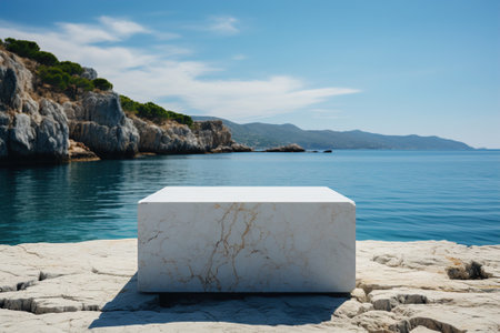 A large white empty marble podium for luxury product sustainable spa. Design element.の素材