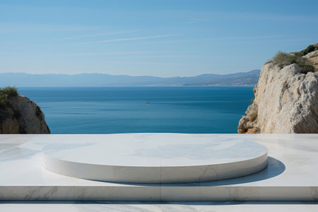 A large white empty round circular marble podium for luxury product sustainable spa. Design element.の素材