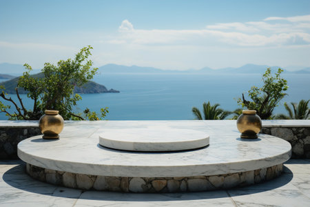 A large white empty round circular marble podium for luxury product sustainable spa. Design element.の素材