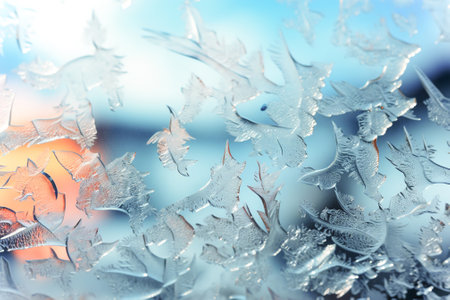 A close up of a window with water drops, frost and snow figures on an icy window in winter.の素材