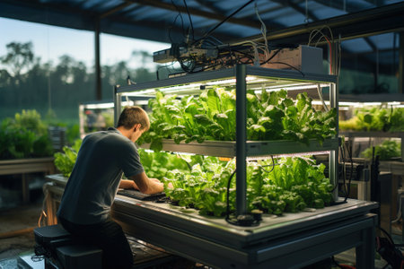 Men worker using computer in a greenhouse with lettuce and vegetables. Electronic automated growing.の素材