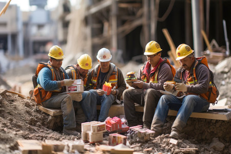 Construction workers eating lunch on a construction site during their lunch break. Eat fast food.の素材
