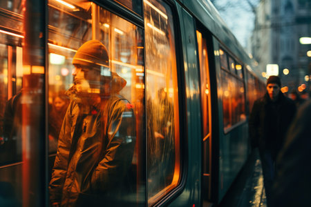 A group of people walking down a street next to a bus.の素材