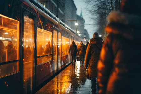 A group of people walking down a street next to a bus.の素材