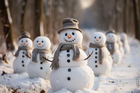 A couple of snowmen standing  in the snow. Christmas atmosphere.の素材