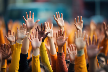 A group of people raising their hands in the air.の素材