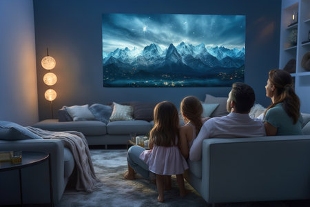 A family watching a movie ob big TV in the dark at living room.の素材