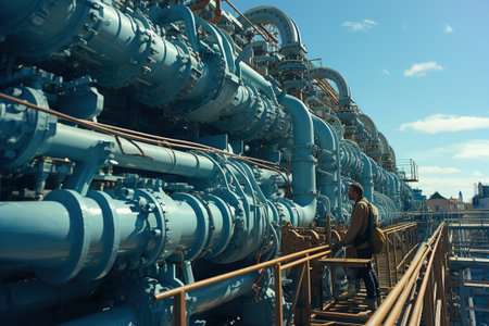 A man standing next to a large metal pipes. Pipe line Gas hub.の素材