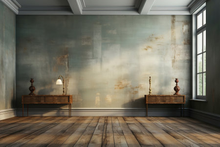 A room with two vases and a table with flowersの素材