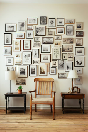 A room with a dresser and a wall with pictures on itの素材