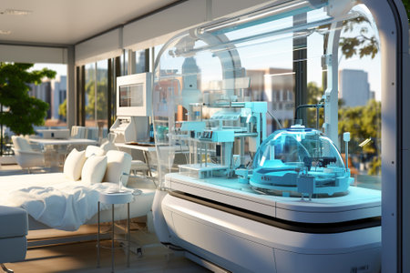 A futuristic hospital room with a couch and 3D printer.の素材