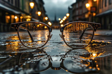A pair of sunglasses reflecting a city street.の素材