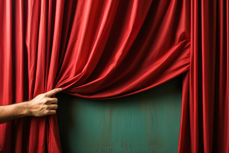 A hand reaching out from behind a red curtain in theatre.の素材