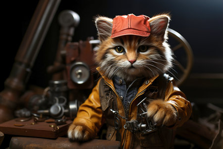 Master technician cat dressed in work clothes.の素材