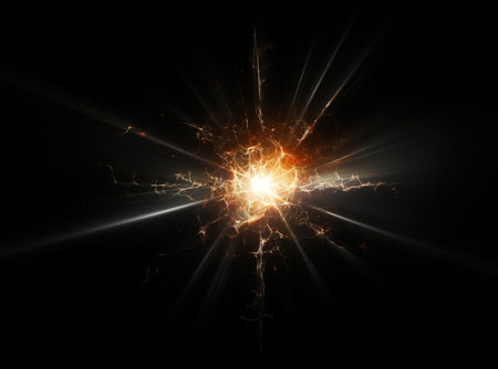 A black background with a bright light flare in the middle. Lens flare cut out isolated design element.の素材