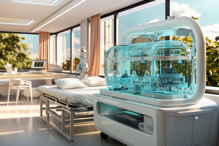 A futuristic hospital room with a couch and 3D printer.の素材