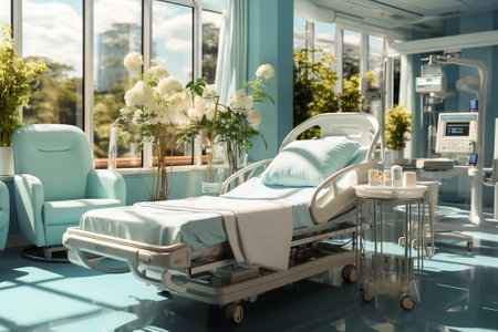 Modern hospital room with a bed and plantsの素材