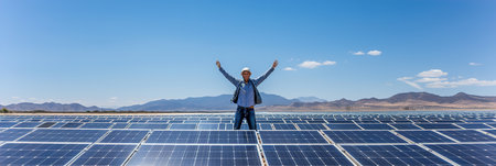 A man walking down next to industrial solar panels.の素材