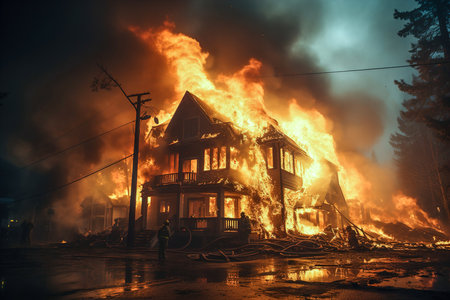 A house on fire with firemen in front of it. A burning house in flames during the dayの素材