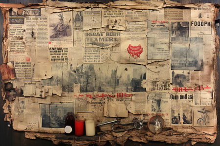 Wall covered in colorful newspapers. Old newspaper background.の素材