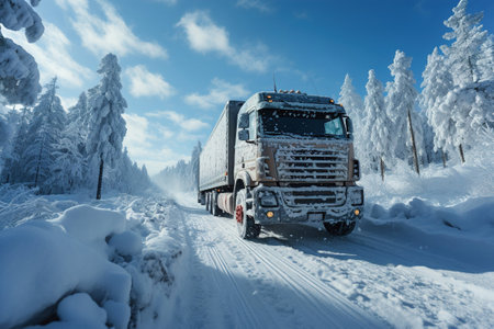 A large truck driving down a snow covered road during the winter.の素材